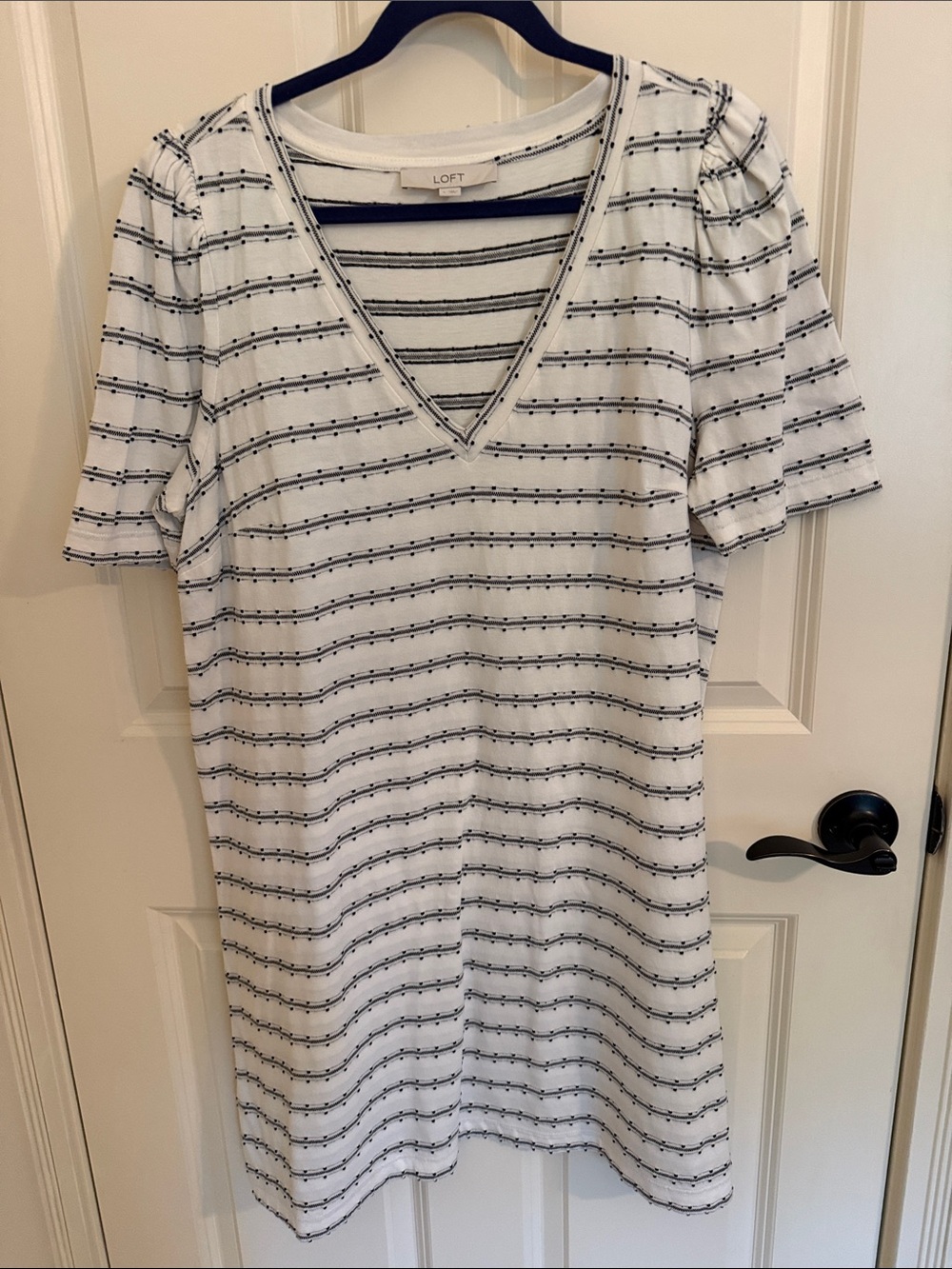 LOFT White Dress with Navy Dot-Stripes